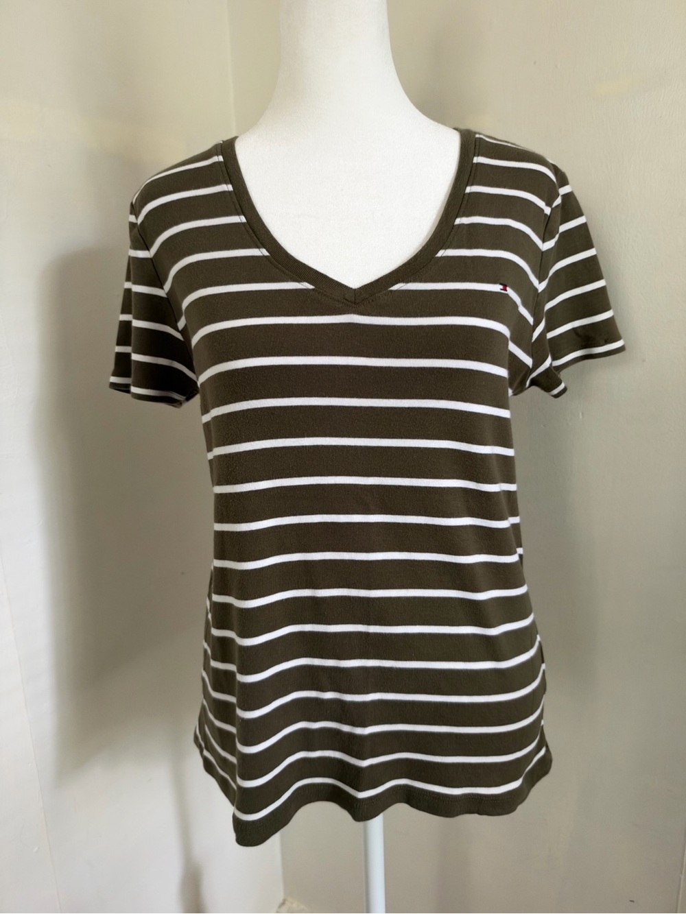 Tommy Hilfiger Women’s Striped White And Khaki Short Sleeve Shirt 100% Cotton L